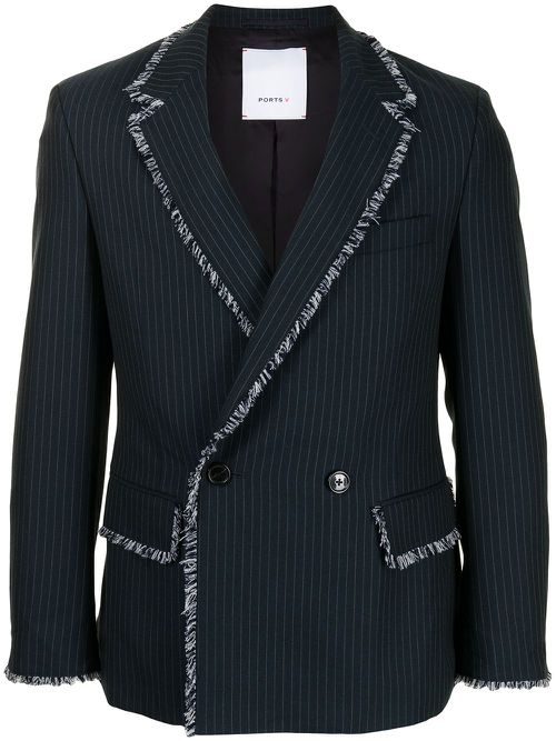 Fringe-trim double-breasted blazer - Blue