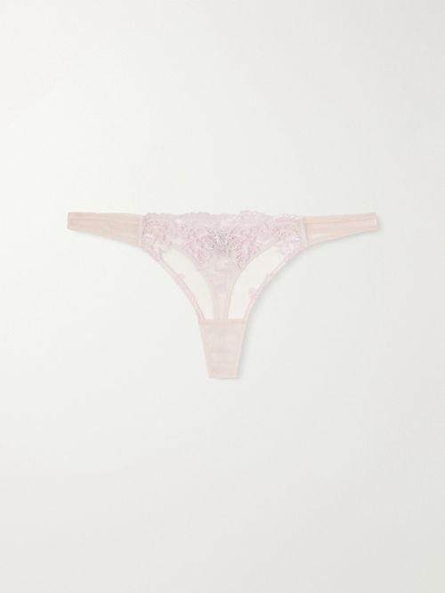 Juliette Lace-trimmed Mesh Thong - Pink