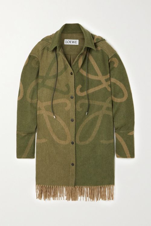 Hooded Fringed Wool And Cashmere-blend Jacquard Jacket - Green - FR34