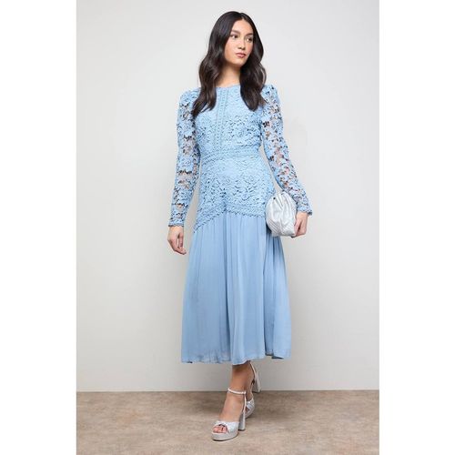 Oasis Women's Lace Bodice Pleated Skirt Long Sleeve Midi Dress in Powder Blue