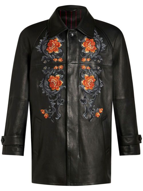 Embroidered leather jacket - Black