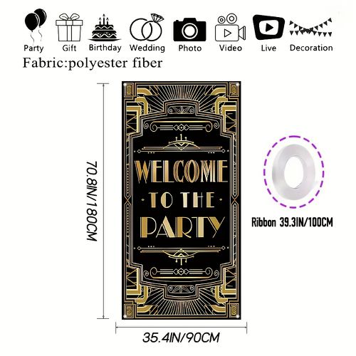 TEMU 1920s Party Welcome Sign Door Banner - Black & Golden Glitter Art Deco Design, Polyester Porch Banner For Themed Events, Weddings, - No