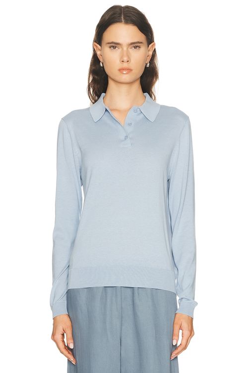 Enza Costa Silk Knit Polo Sweater in Pale Blue - Baby Blue. L also in M