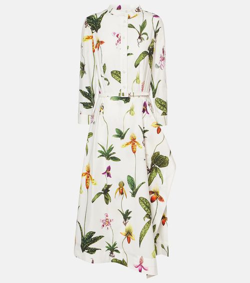 Floral pleated cotton-blend poplin midi dress