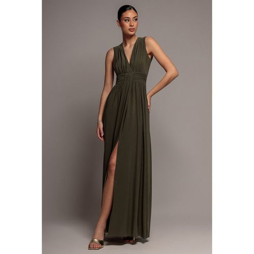 Goddiva Gathered Shoulder Wrap Neck Draped Waist Maxi Dress - Khaki