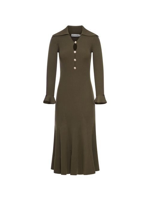 Oversized Collar Keyhole Cut-Out Dress with Gold Button Detail