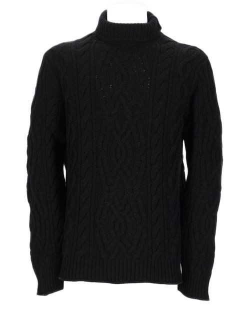 Black Cable-Knit Sweater With Ribbed Turtleneck And Intricate Patterns