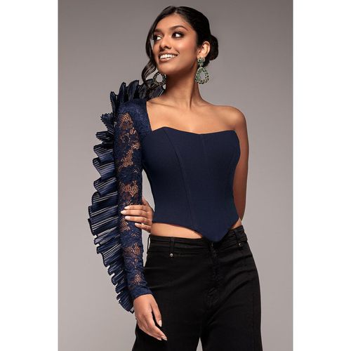 Goddiva One Shoulder Fan Pleat Frill Corset Top - Navy Blue