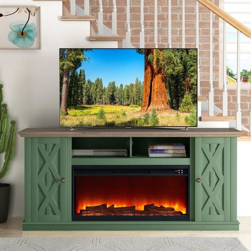 Joy River 68" TV Stand with Electric Fireplace, Green/Tan