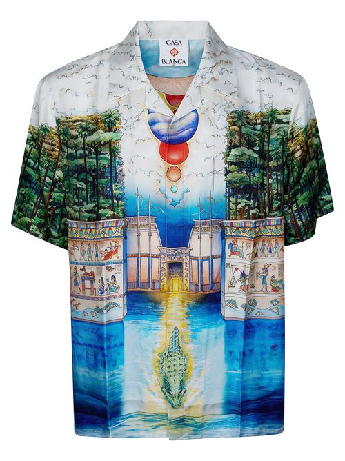 Men's Sporty Floral Stripe Silk Shirt with Cuban Collar