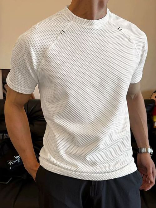 Men's American Vintage High-Street Waffle-Knit Short Sleeve Fitted T-shirt SKUL73645 - White / S
