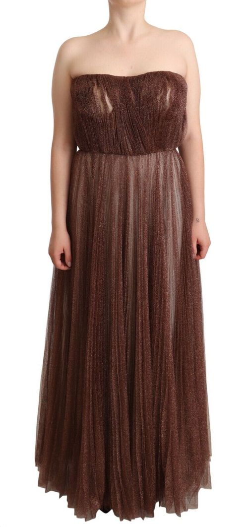 Metallic Polyester Pleated Maxi Dress — Bronze