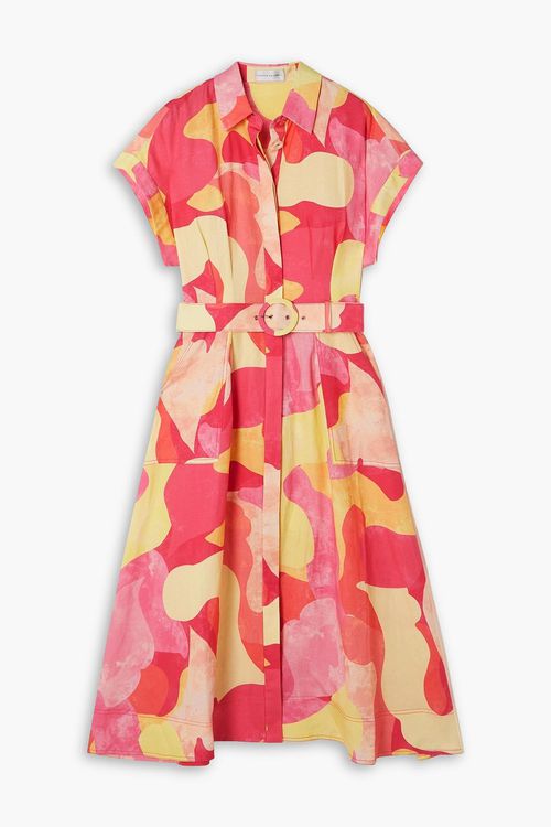 Toretta belted printed linen-blend midi shirt dress