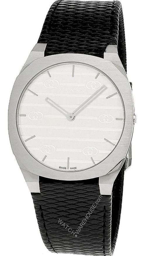 GUCCI 25H 38MM Quartz Silver Brass Dial Leather Unisex Watch YA163419
