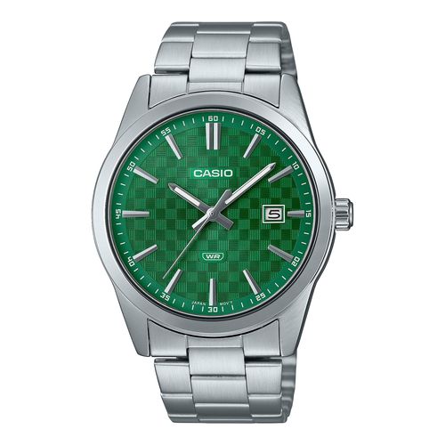 Men's Silver Stainless Steel Watch with Green Textured Dial - MTP-VD03D-3A1UDF