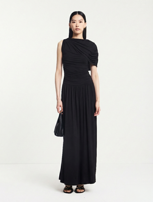 Mila Asym Caped Shoulder Maxi Dress in Black - MicroModal