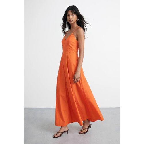 Warehouse Women's Seam Detail Strappy Full Skirt Midi Dress in Orange