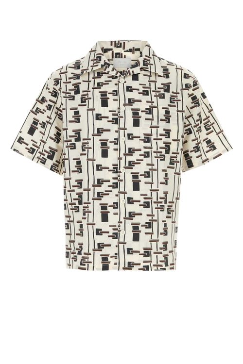 Geometric-Print Cotton-Silk Poplin Shirt — Beige