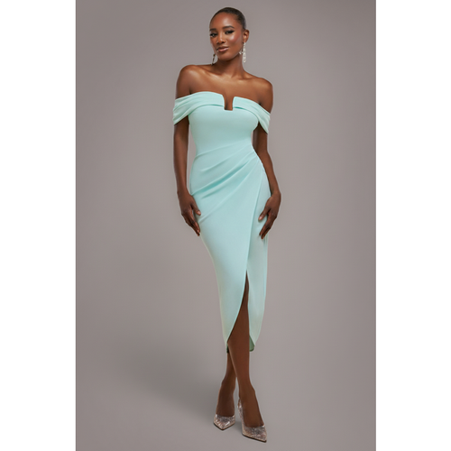 Goddiva Off The Shoulder Chiffon Wing Scuba Crepe Midi Dress - Mint Green