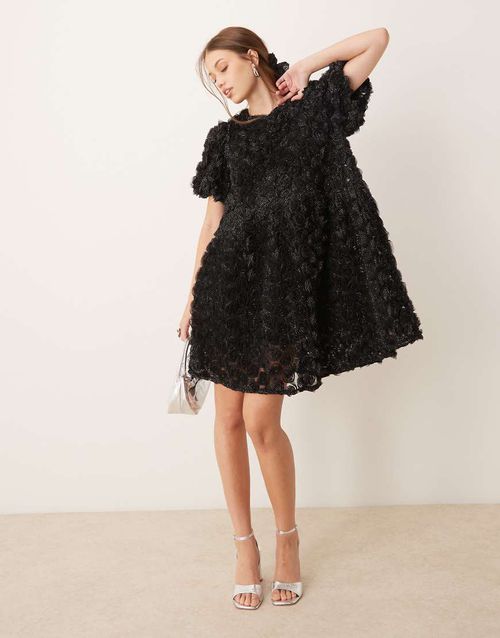 3D textured rose mini smock dress in black with shimmer gold