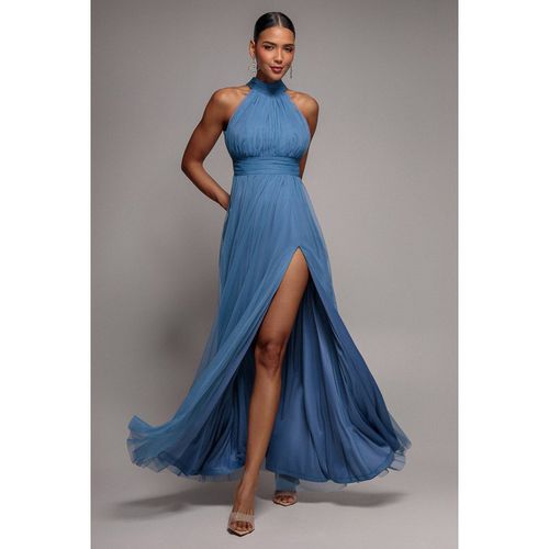 Goddiva Halter Neck Mesh Tie Maxi Dress - Dusty Blue