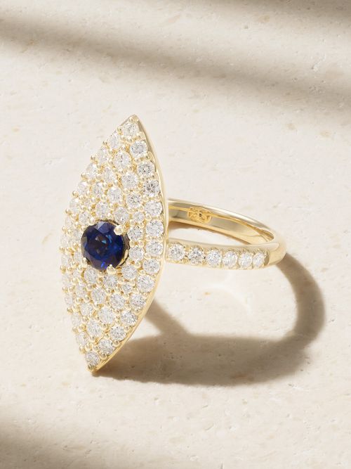 Bague En Or 18 Carats (750/1000), Saphir Et Diamants Evil Eye - Doré