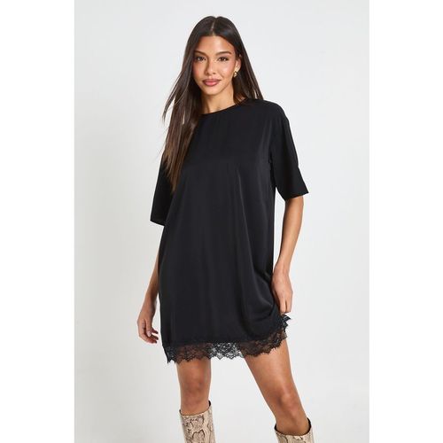 Boohoo Womens Lace Hem Oversized Woven T-Shirt Dress - Black