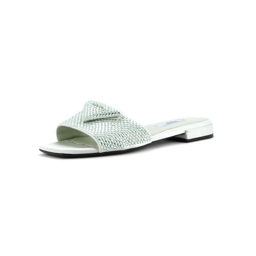 Women's Triangle Logo Slide Sandals Crystal Embellished Satin