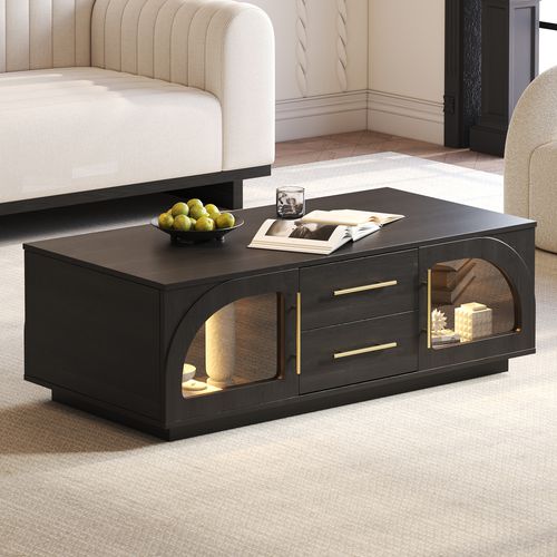 Arune Arched Glass Coffee Table Modern Natural Living Room Furniture with Storage and LED Light