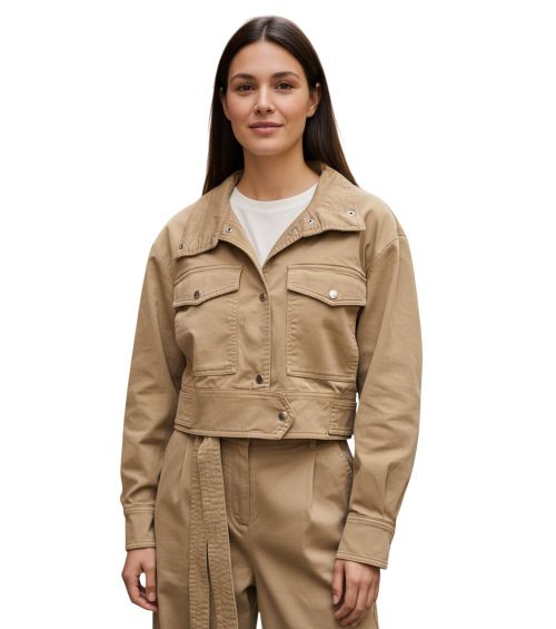 Beige Solid Shirt Collar Jacket