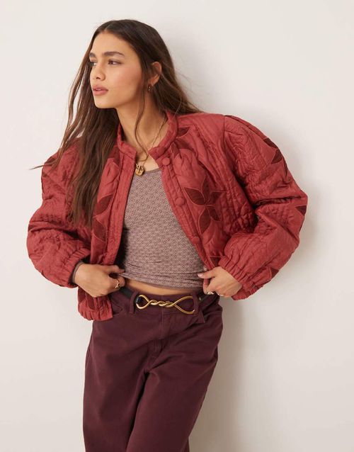 Quinn quilted patchwork jacket in marsala-Red