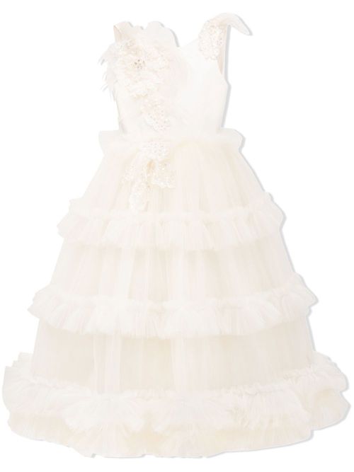 Asymmetric embellished tulle gown - Neutrals