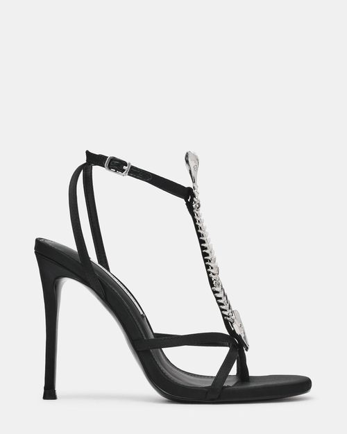 Steve Madden Women's Pescado Thong Heels - Black/Silver - - Leather/Satin