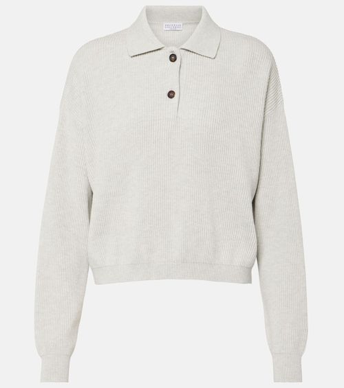 Ribbed-knit cotton polo sweater