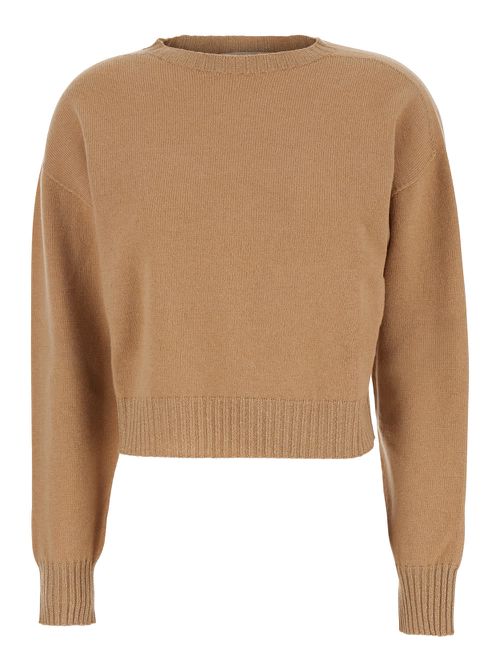 Beige Crew Neck Sweater With Dropped Shoulder And Ribbed Details In Wool Woman