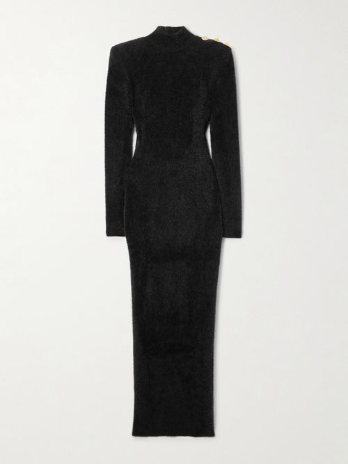 Button-embellished Open-back Brushed Knitted Midi Dress - Black