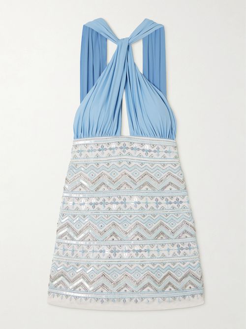 DES_PHEMMES - Embellished Georgette And Duchesse-satin Halterneck Mini Dress - Blue