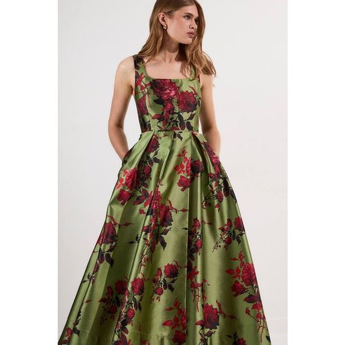 Karen Millen Women's Floral Jacquard Corseted Woven Maxi Dress in Green