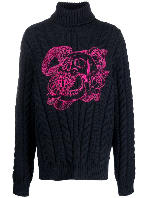 Embroidered-skull roll-neck jumper - Blue
