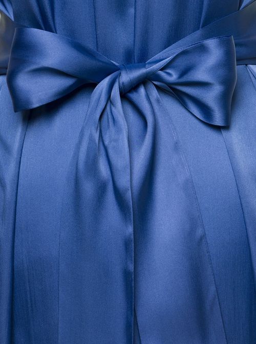 Blue Maxi Dress V-neck Draped Design Satin Finish With Rear Ribbon Fastening In Silk Blend Woman