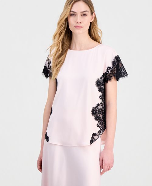 Women's Short-Sleeve Lace-Trim Satin Top - Soft Blossom / Anne Black