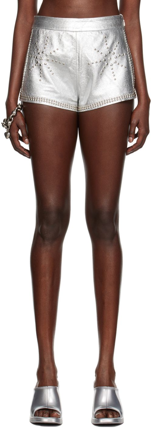 I'm Sorry by Petra Collins SSENSE Exclusive Silver Mimi Wade Edition Studded Leather Shorts