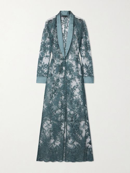 Camille Silk Satin-trimmed Organic Cotton-blend Lace Robe - Blue