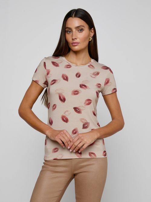 Ressi Fitted T-Shirt In Taupe/dark Red Faded Kiss