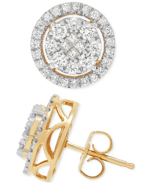 Diamond Halo Cluster Stud Earrings (3/4 ct. t.w.) in 14k Gold - Yellow Gold