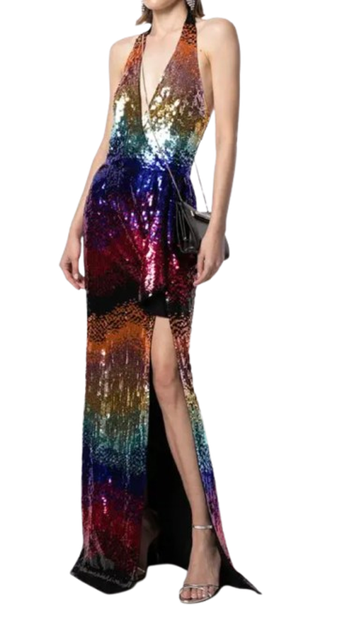 Gradient-Sequin Halterneck Gown