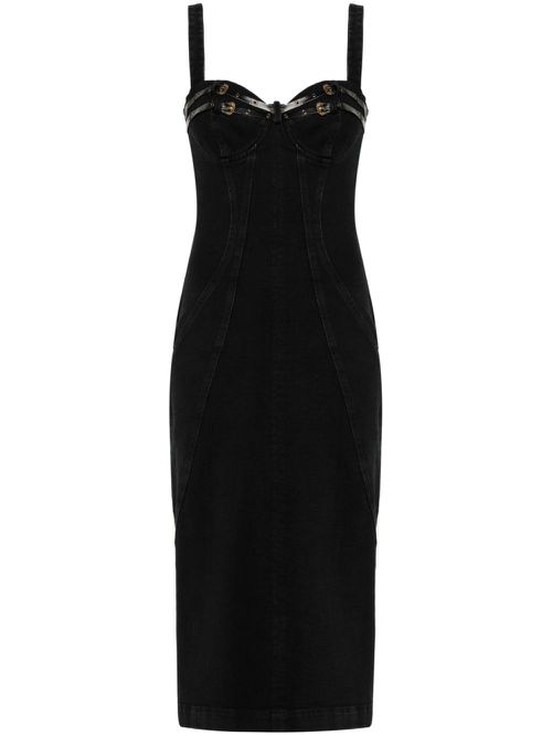 Bucked-belts denim midi dress - Black