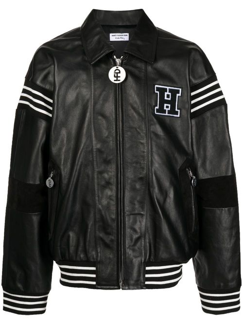 Patch-detail leather bomber jacket - Black