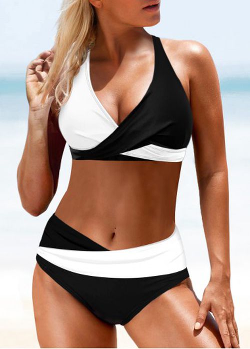 Modlily Patchwork Mid Waisted Cyan Bikini Set