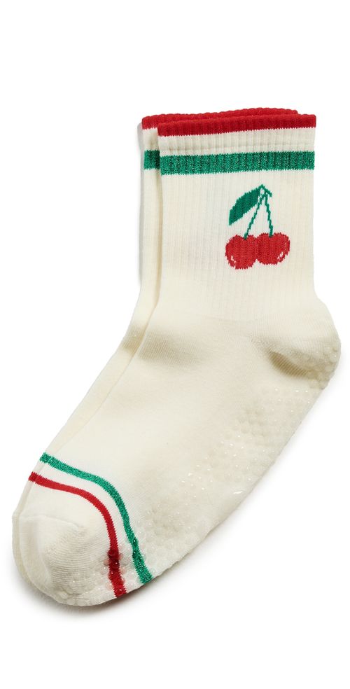 Cherry Grip Striped Crew Socks Ivory One Size